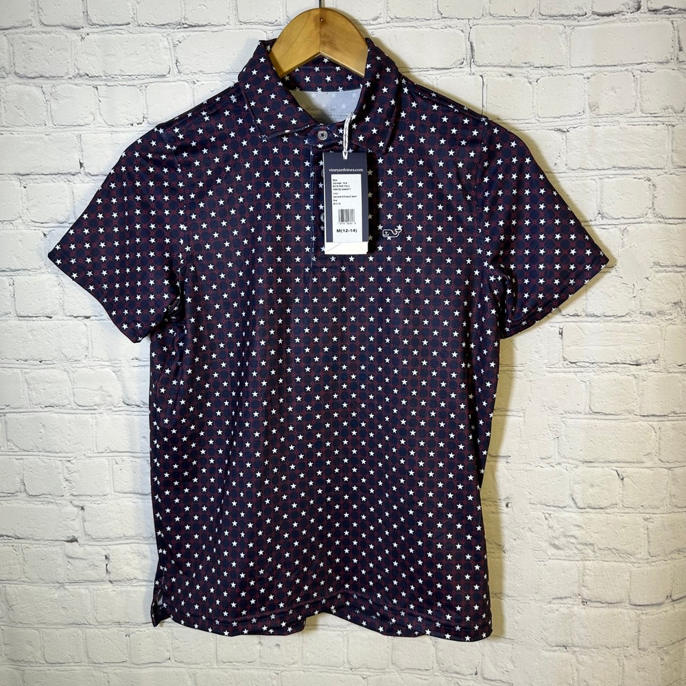 Vineyard Vines Boys Sankaty Performance Polo Star Print Navy M 12-14 3G010436